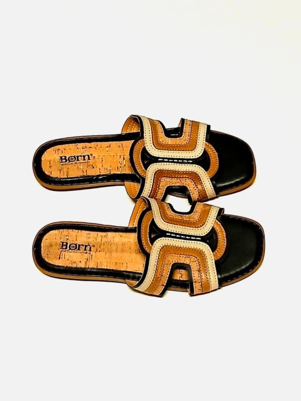 Born Women's Hyannis Leather Slides Sandals Black Tan Cream Size 9